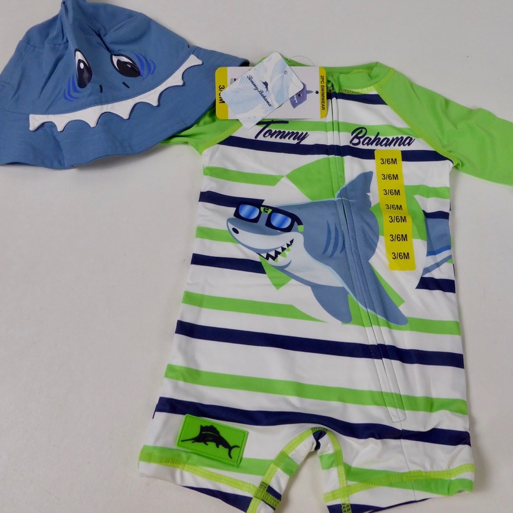 Tommy Bahama 2 Pc Swim Set w Matching Bucket Hat Shark  UPF 50 NWT
